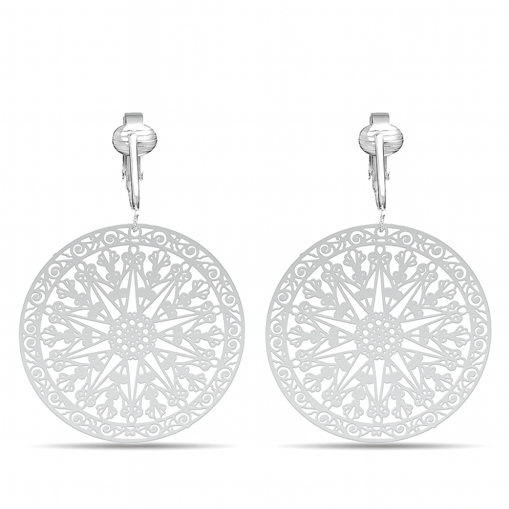 Large Round Filigree Clip On Dangling Earrings