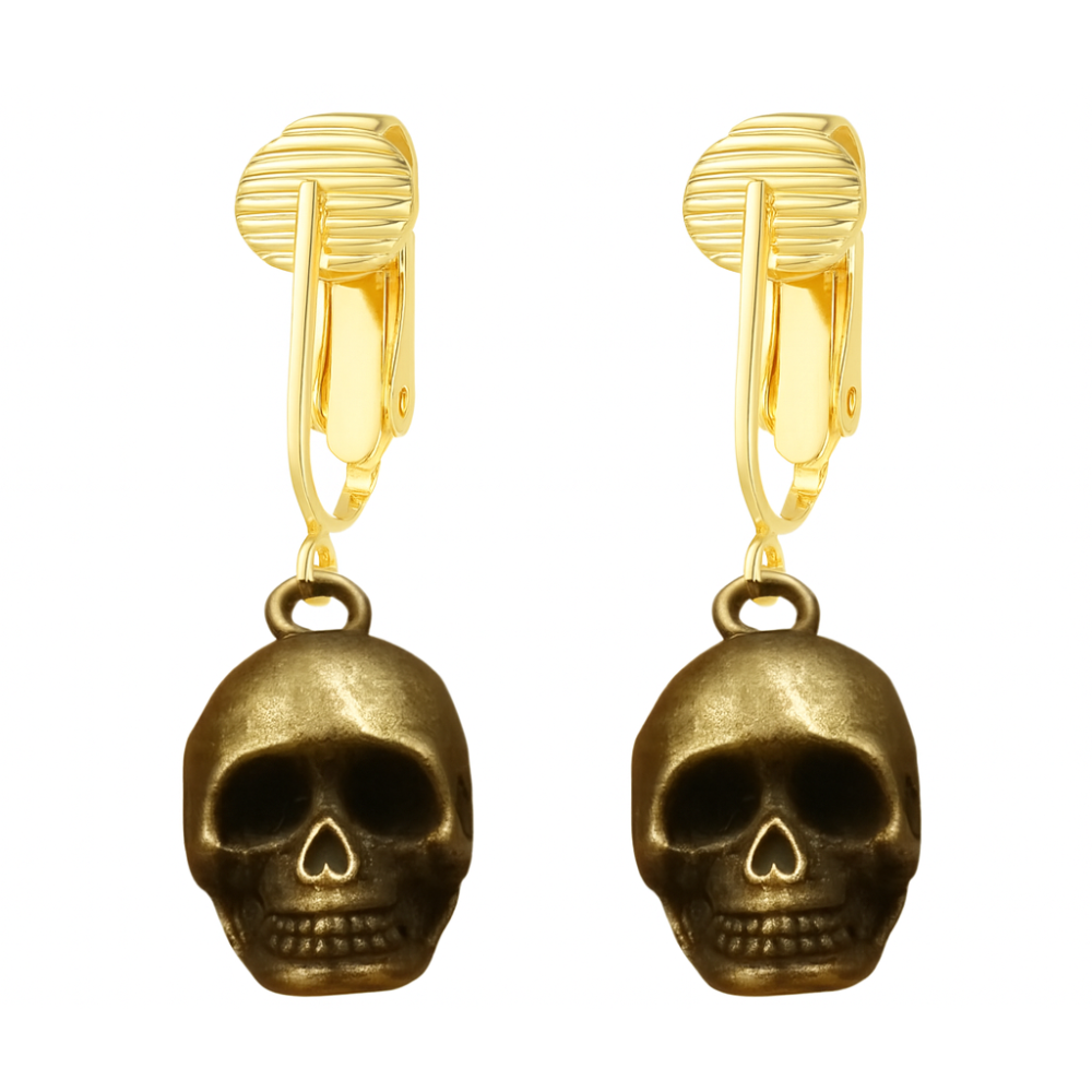 Gold Skull Face Clip On Dangling Earrings