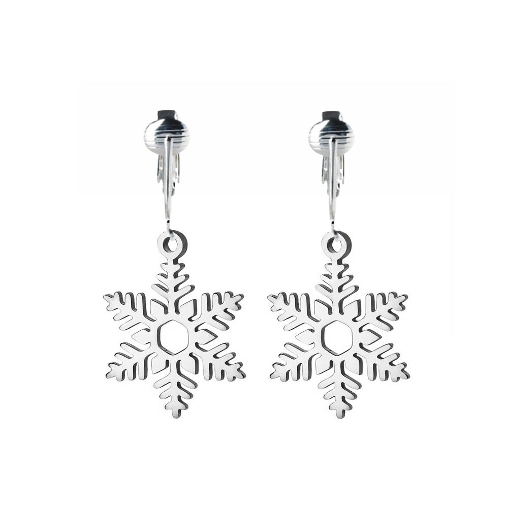 Silver Snowflake Clip On Dangling Earrings