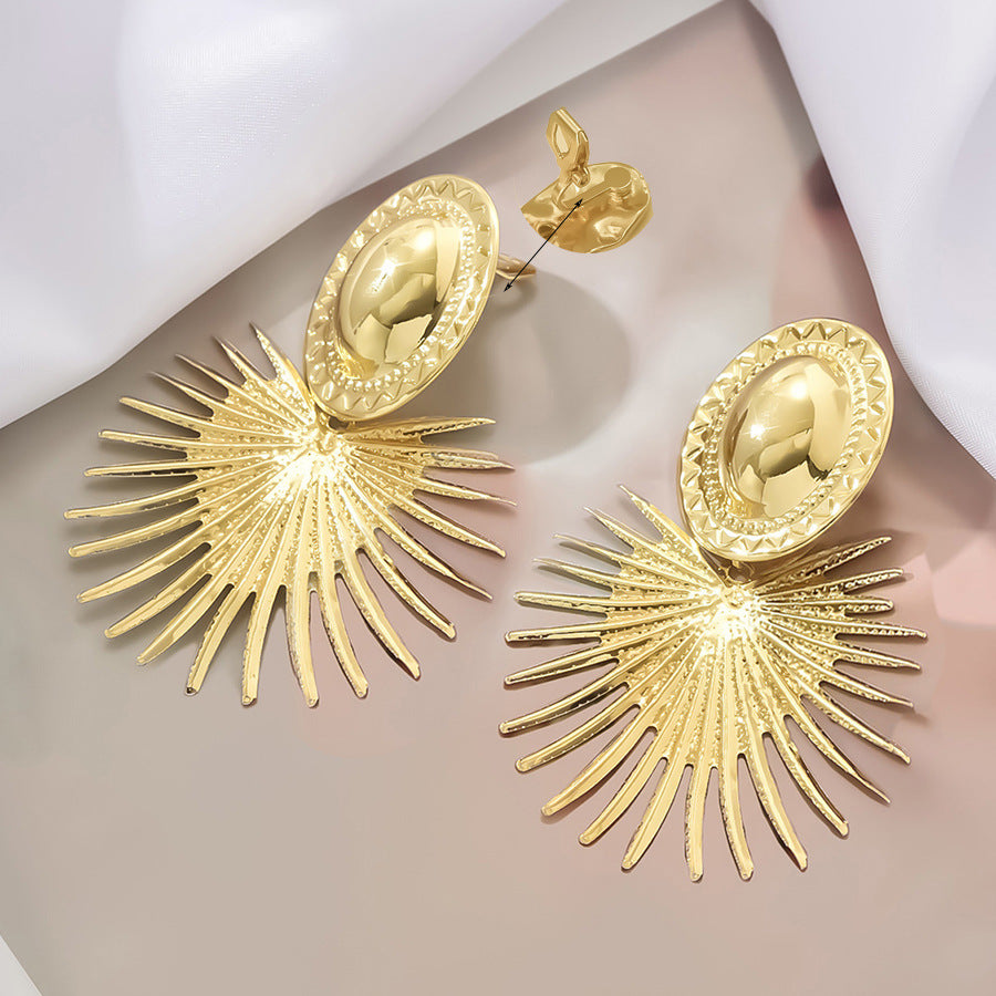 Gold Sunburst Heart Clip On Statement Dangling Earrings