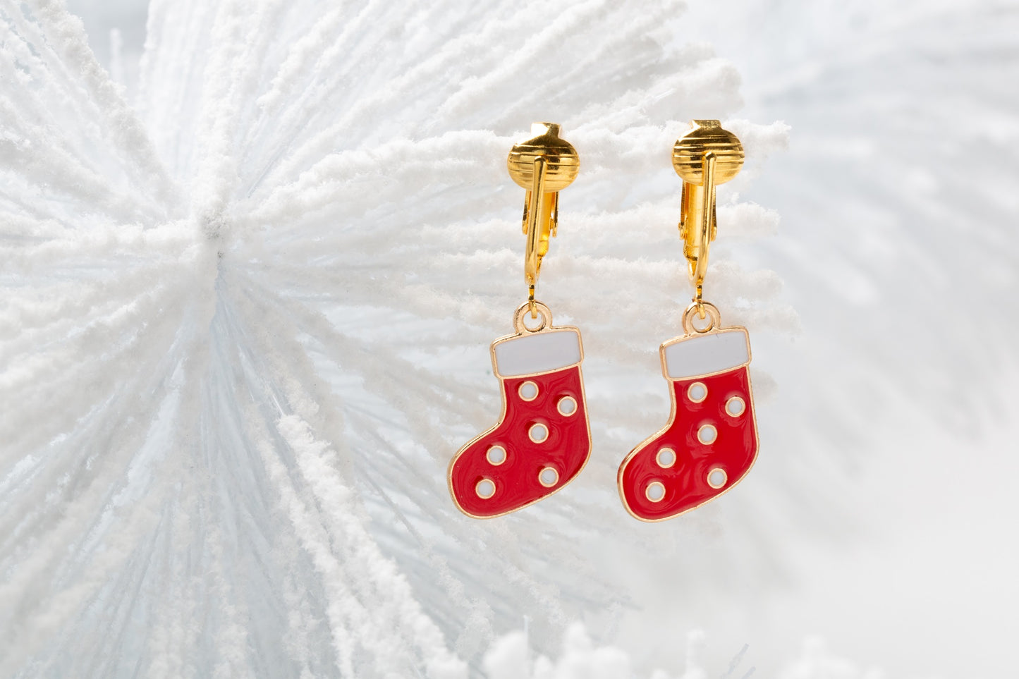 Stocking Gold Clip On Dangling Earrings
