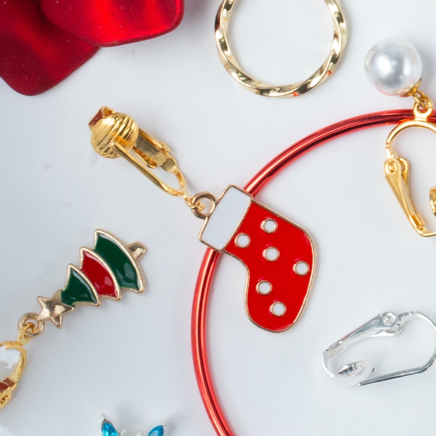 Stocking Gold Clip On Dangling Earrings