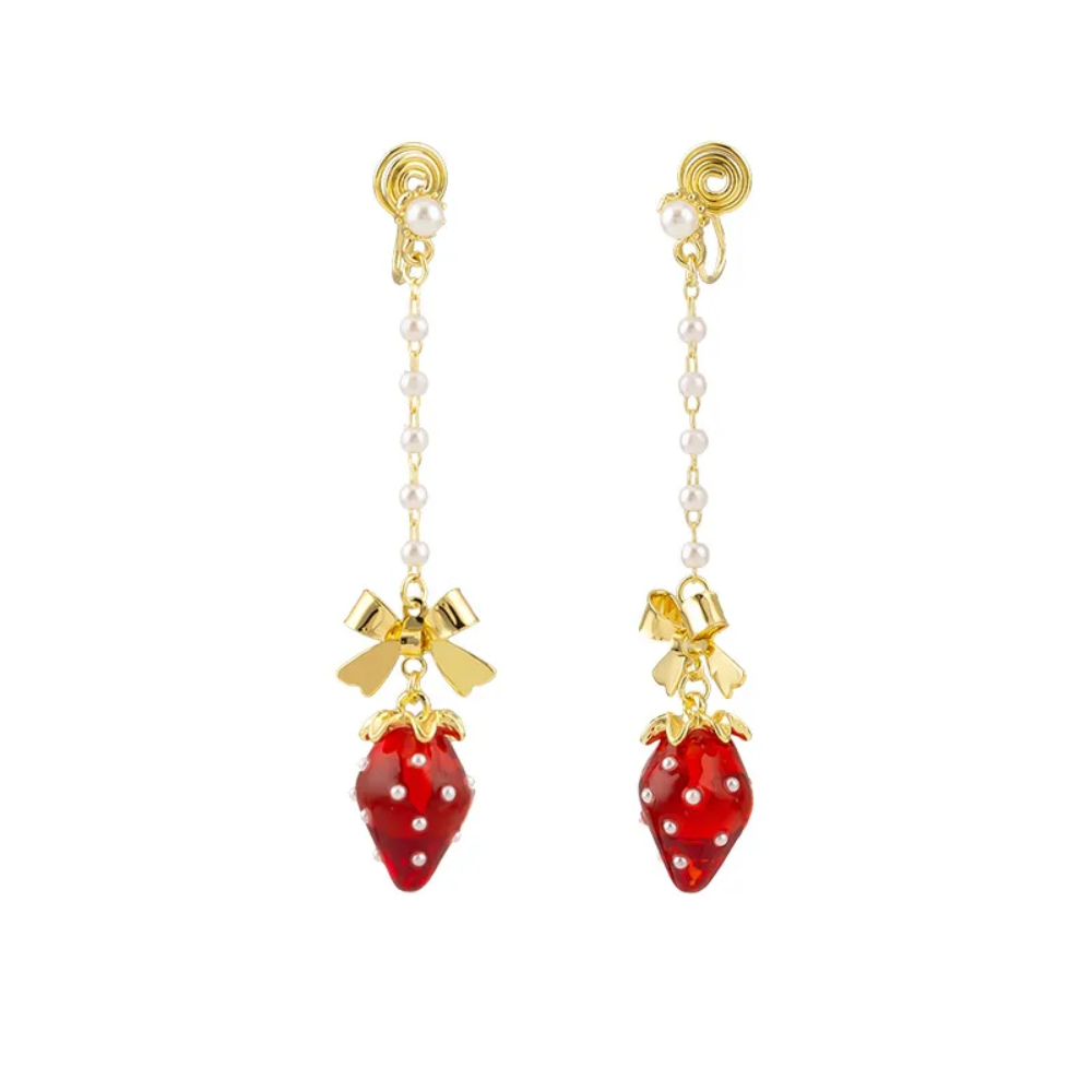 Gold Simulated Pearl Strawberry Mosquito Coil Clip On Dangling Earrings