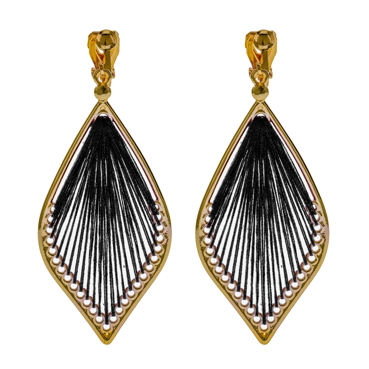 Gold Stringed Teardrop Clip On Dangling Earrings