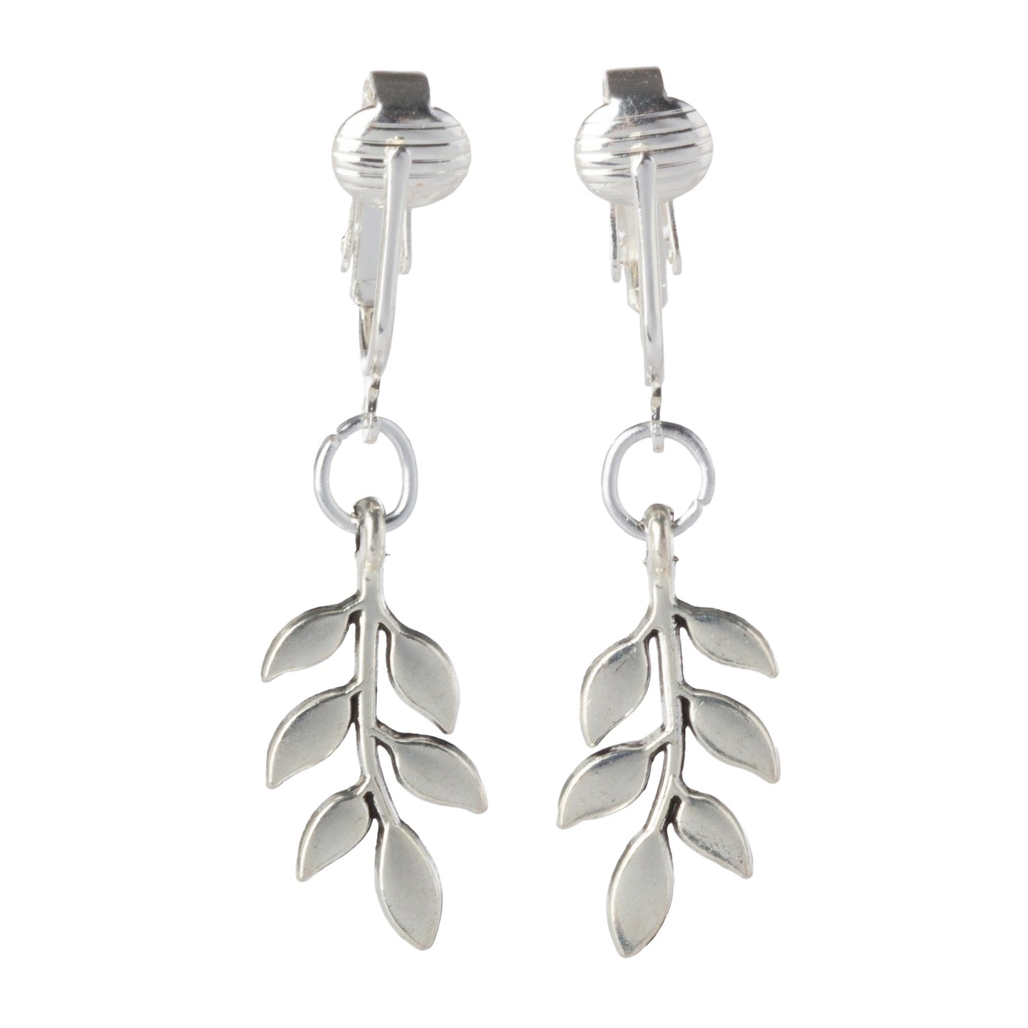 Silver Olive Leaf Clip On Dangling Earrings