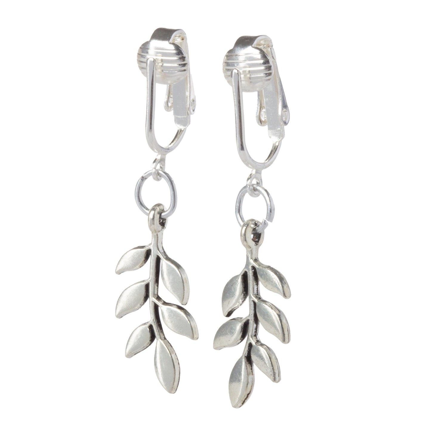 Silver Olive Leaf Clip On Dangling Earrings