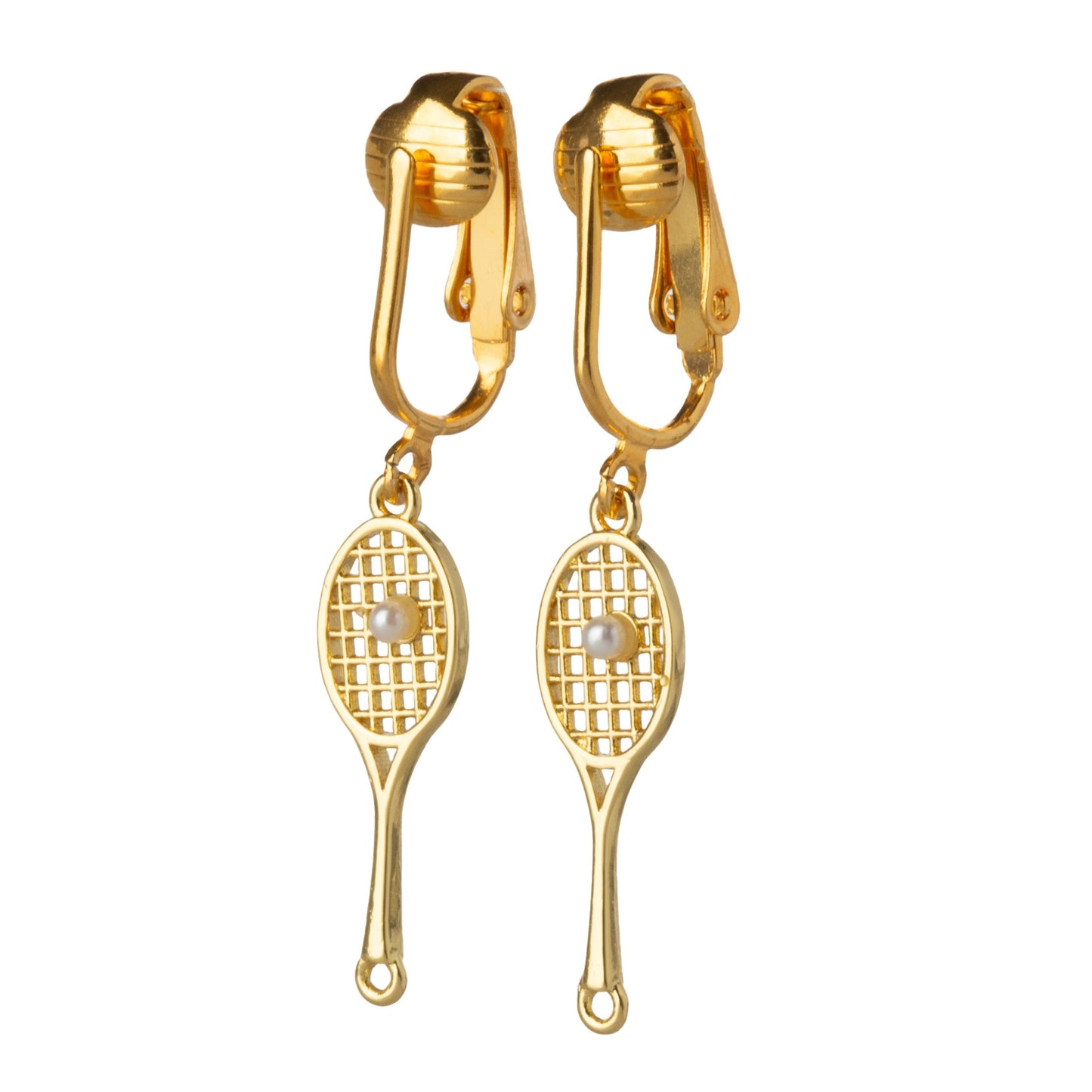 Gold Tennis Racket with Simulated Pearl Ball Clip On Dangling Earrings