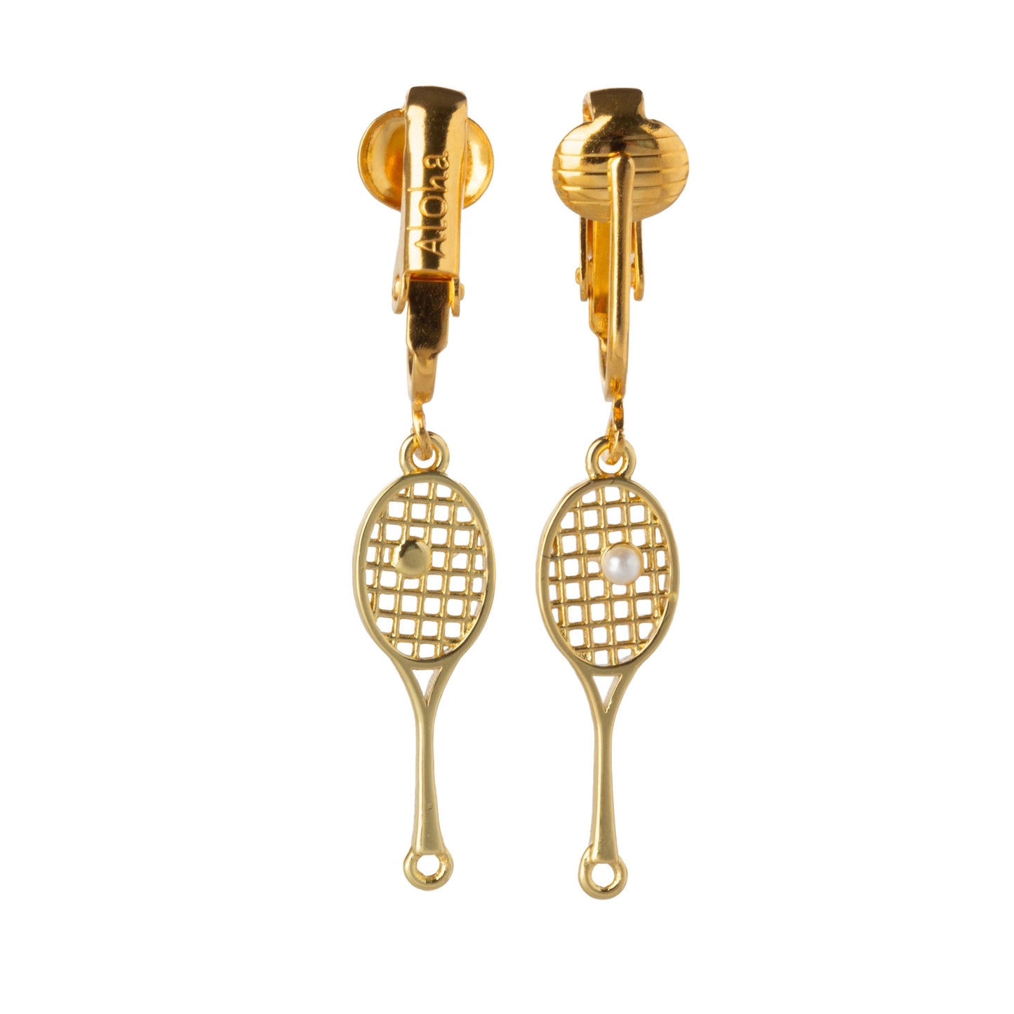 Gold Tennis Racket with Simulated Pearl Ball Clip On Dangling Earrings