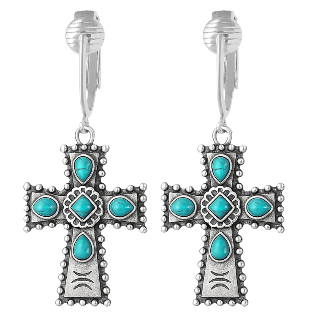 Silver Turquoise Cross Clip On Dangling Earrings
