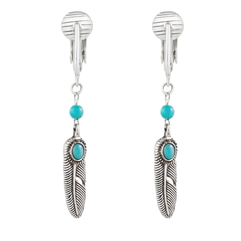 Silver Turquoise Feather Clip On Dangling Earrings