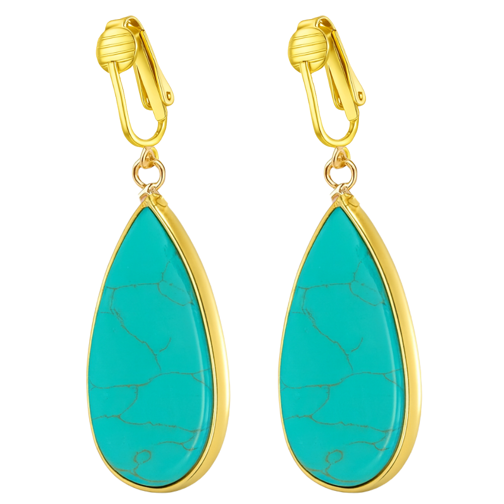 Gold Natural Stone Teardrop Clip On Dangling Earrings