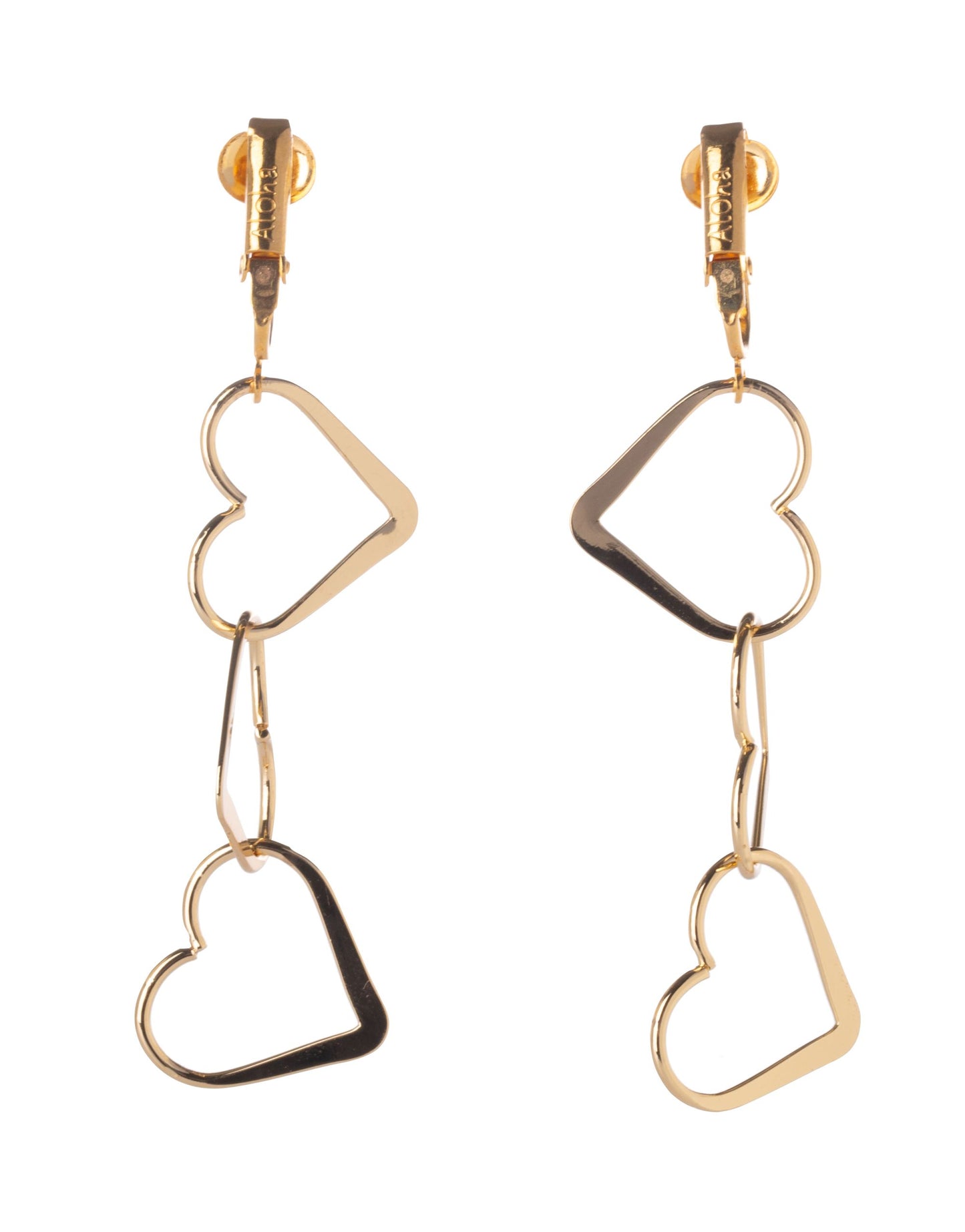 Gold Triple Heart Clip On Dangling Earrings