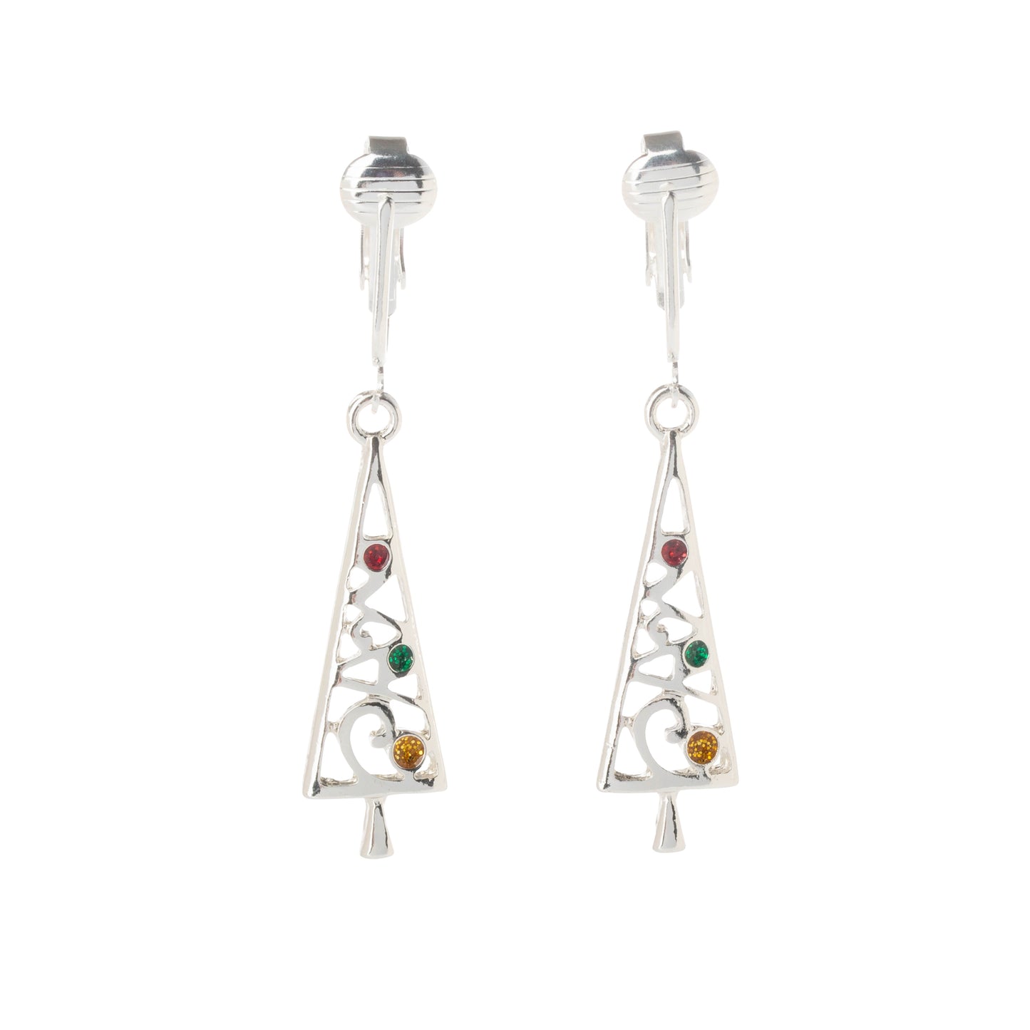 Silver Gemmed Christmas Trees Clip On Dangling Earrings