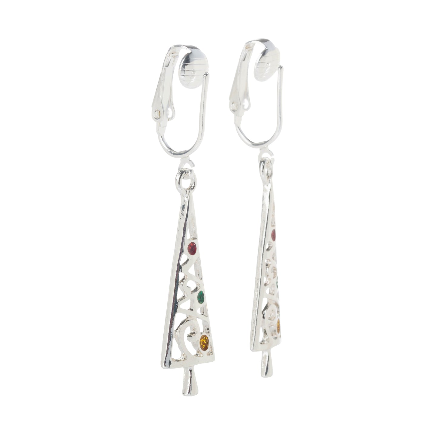 Silver Gemmed Christmas Trees Clip On Dangling Earrings