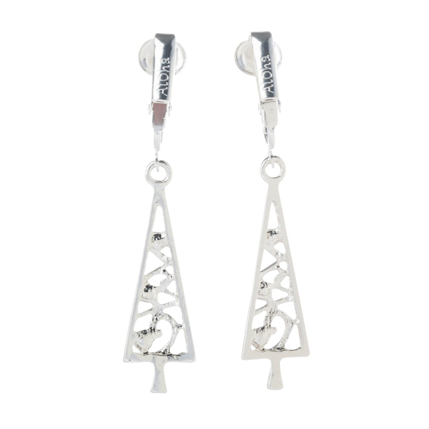 Silver Gemmed Christmas Trees Clip On Dangling Earrings