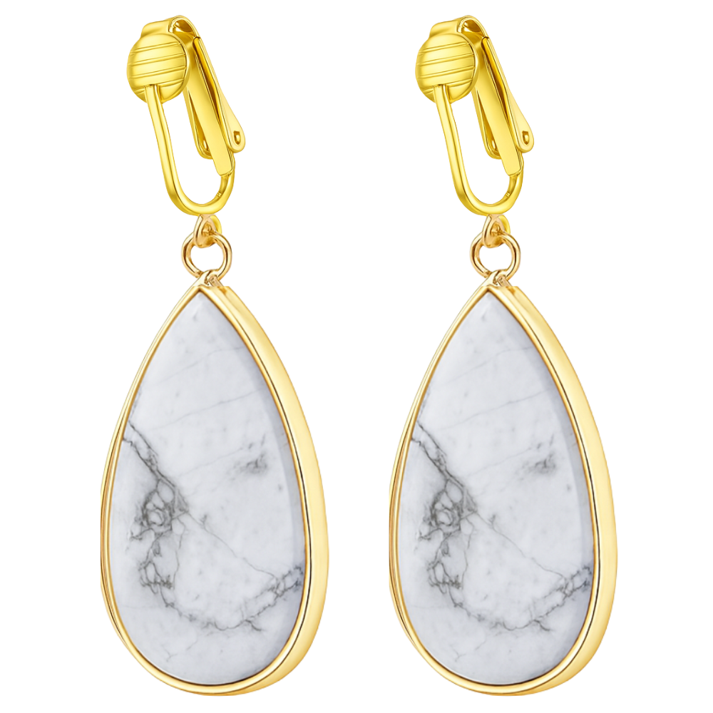 Gold Natural Stone Teardrop Clip On Dangling Earrings