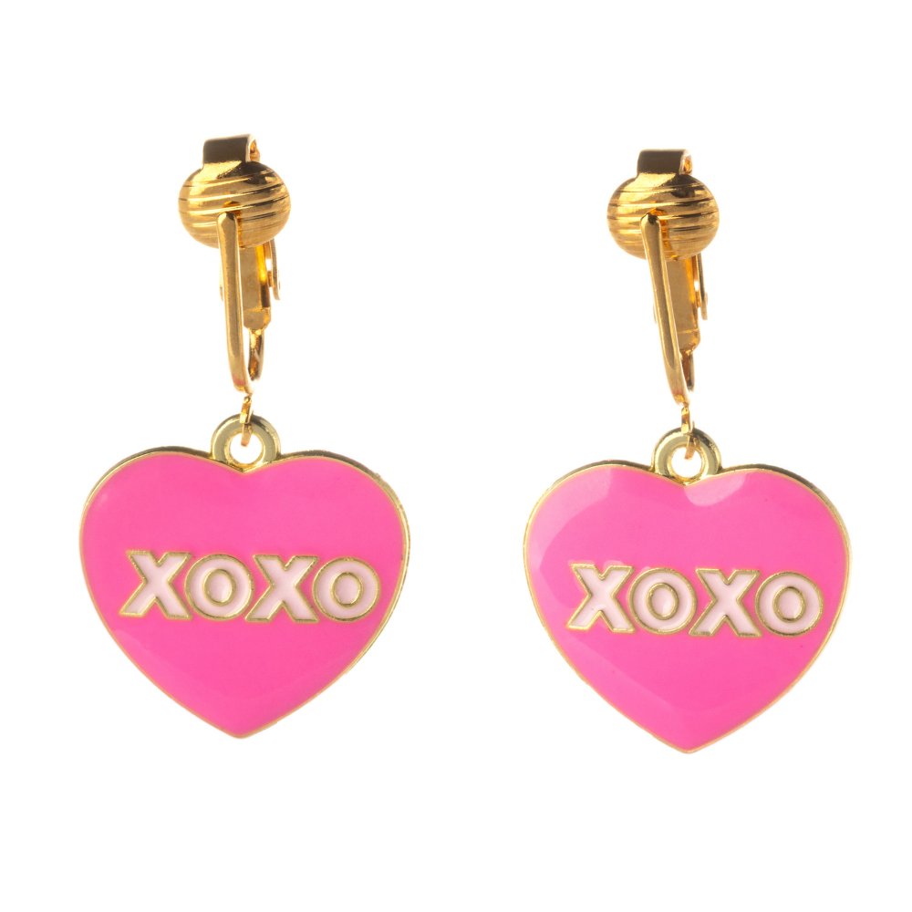 Gold Hot Pink XOXO Heart Clip On Dangling Earrings