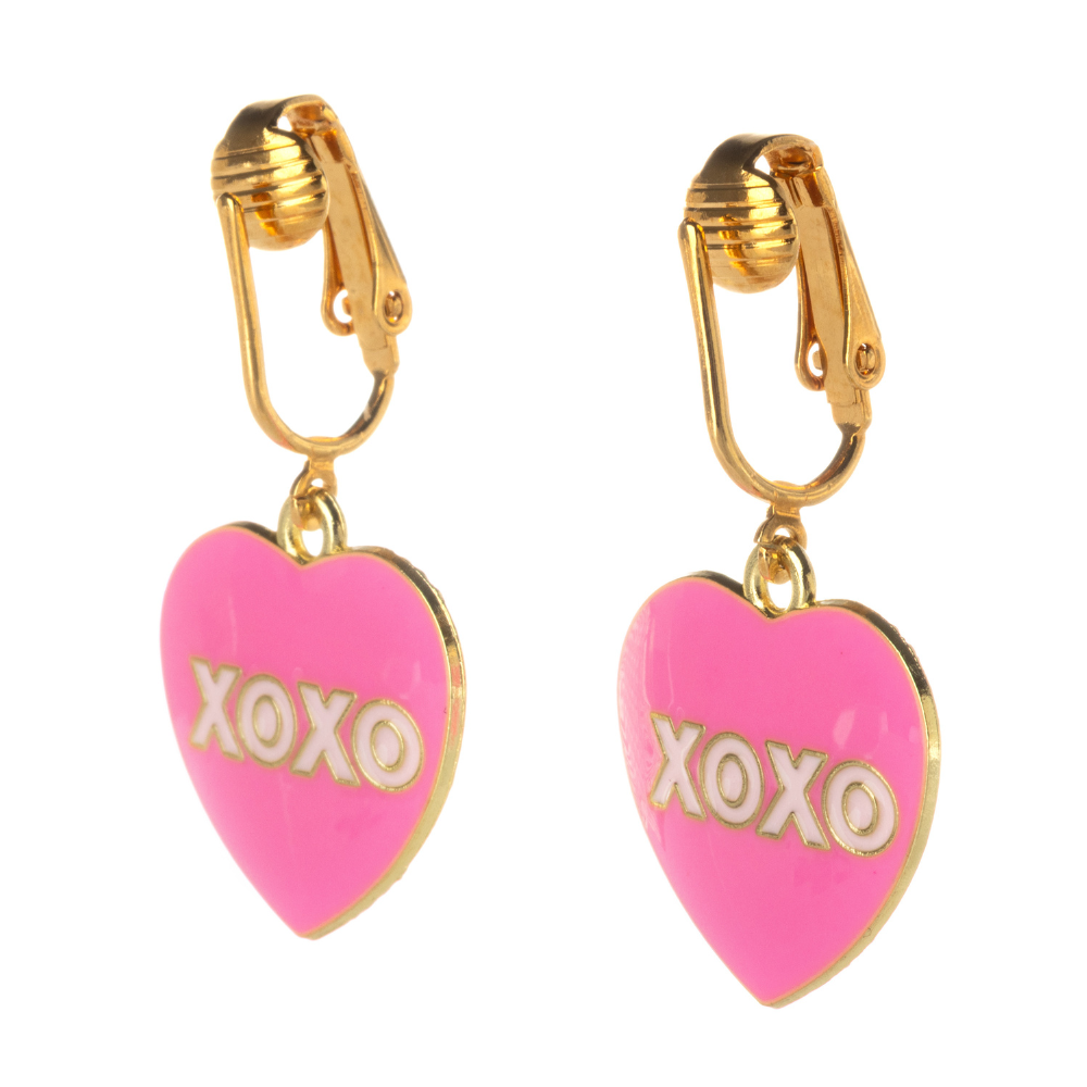 Gold Hot Pink XOXO Heart Clip On Dangling Earrings