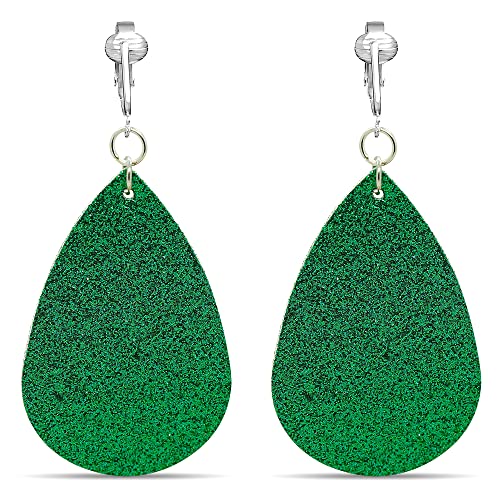Clip Earring Shop Green Lucky Clover Clip Earrings for Women, Irish Clip Earrings, Festive St Patrick's Day Earrings (Green Sparkle Faux Leather)