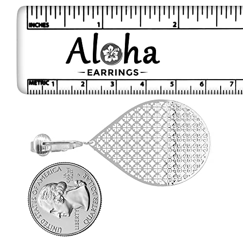 Silver Checkered Teardrop Clip On Dangling Earrings