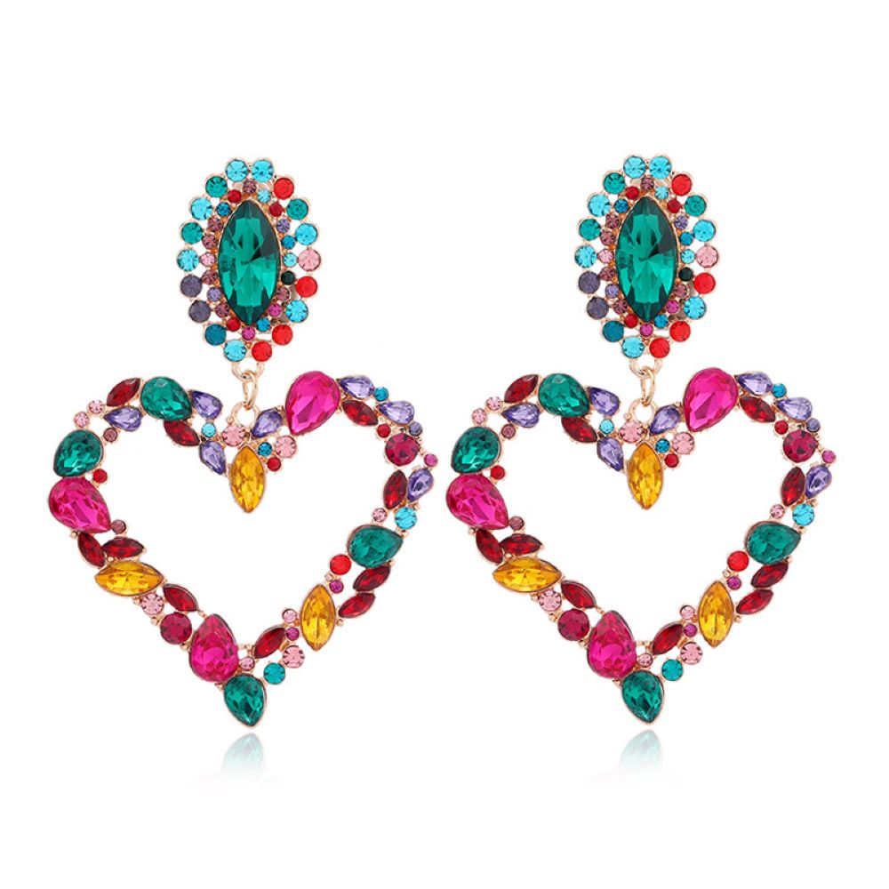 Gold Sparkling Crystal Heart Shaped Statement Clip On Dangling Earrings
