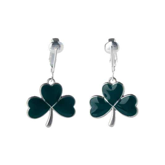 Green Irish Lucky Clover Clip On Dangling Earrings