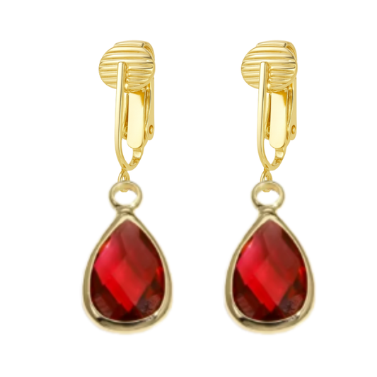 Gold Teardrop Birthstone Clip On Dangling Earrings
