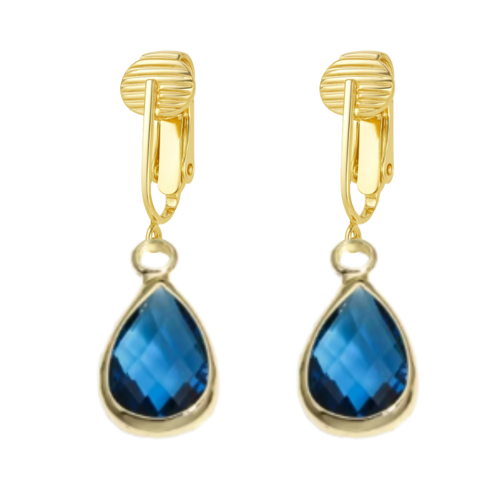 Gold Teardrop Birthstone Clip On Dangling Earrings