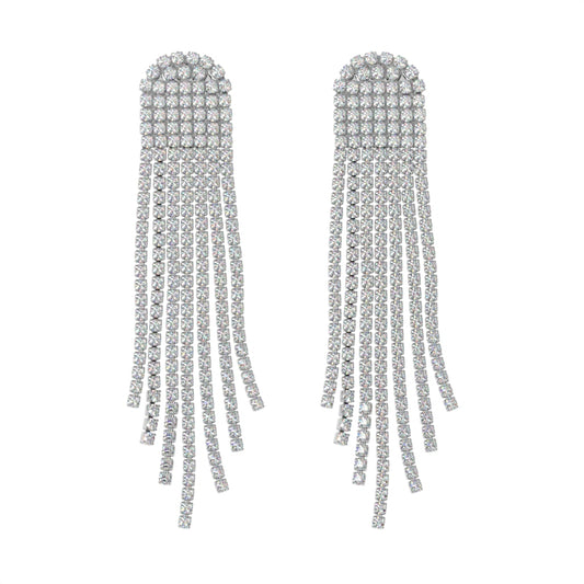 Silver Crystal Tassel Clip On Statement Dangling Earrings