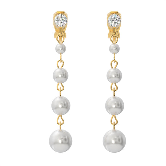 Gold Crystal with Simulated Pearl Drops Clip On Dangling Earrings
