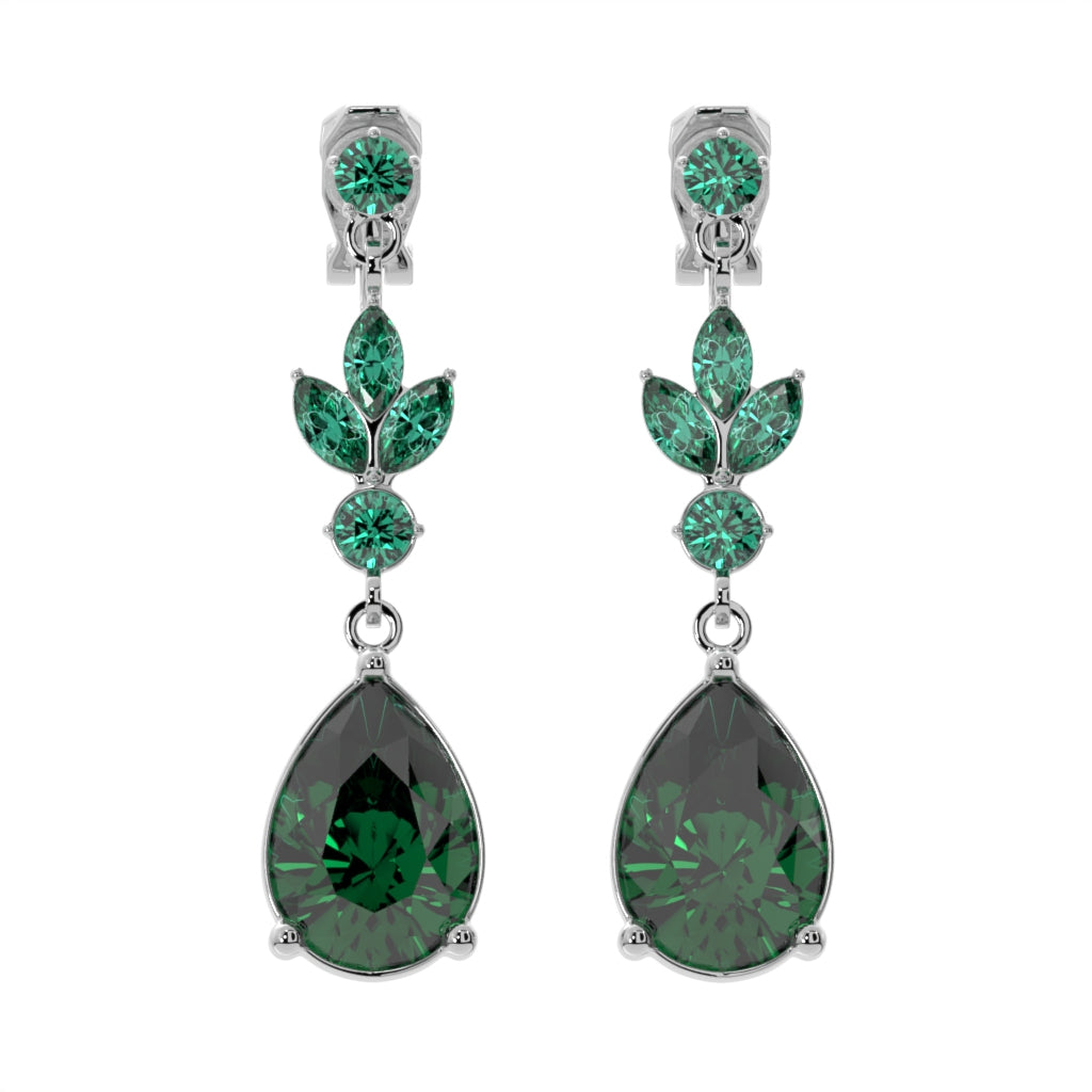 Silver Green Crystal Filigree Teardops Clip On Dangling Earrings