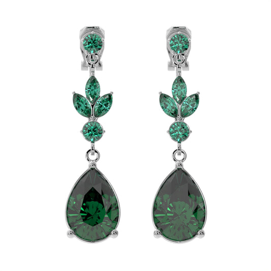 Silver Green Crystal Filigree Teardops Clip On Dangling Earrings