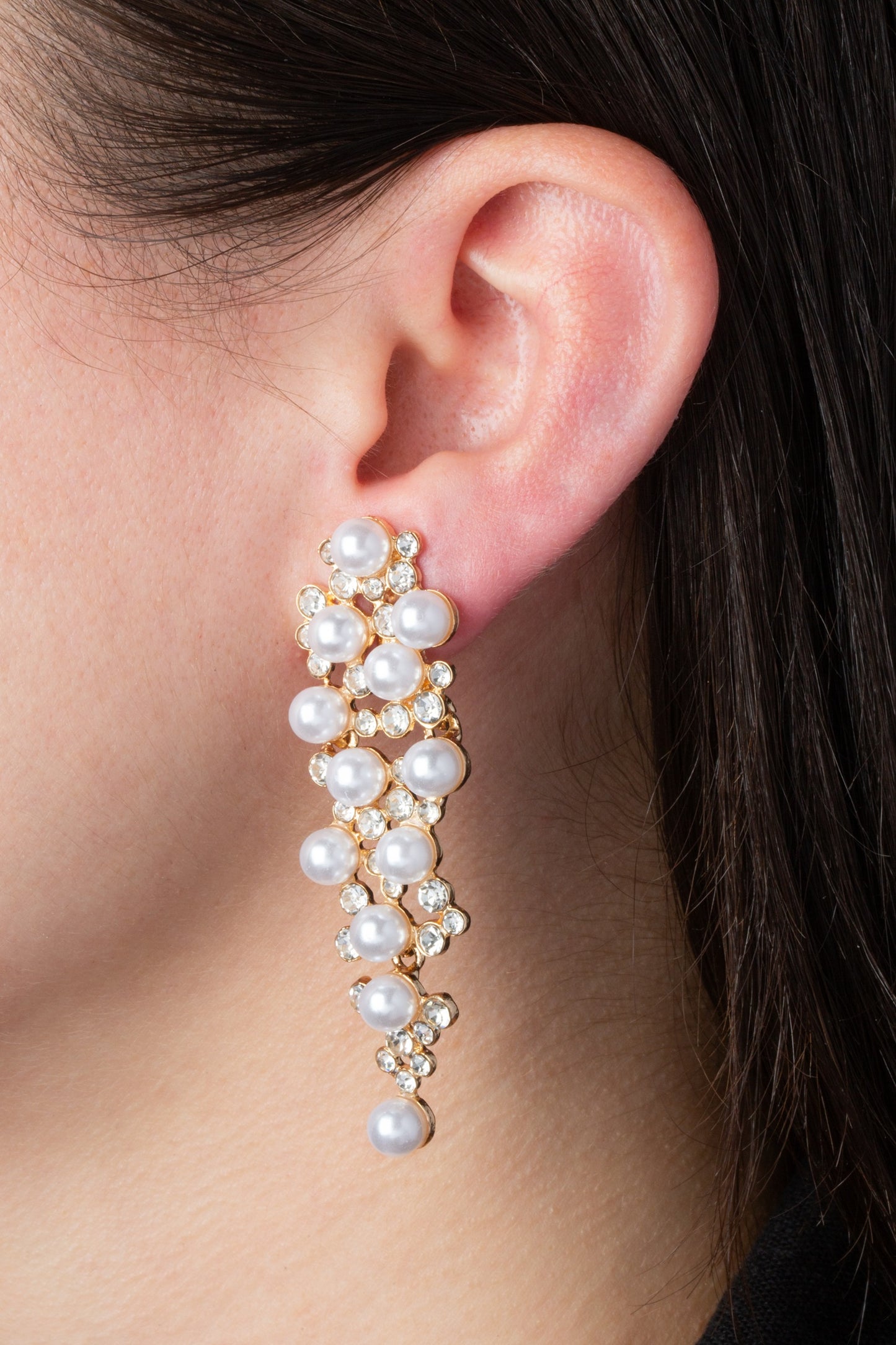 Gold Simulated Pearl and Crystal Cluster Chandelier Clip On Statement Dangling Earrings