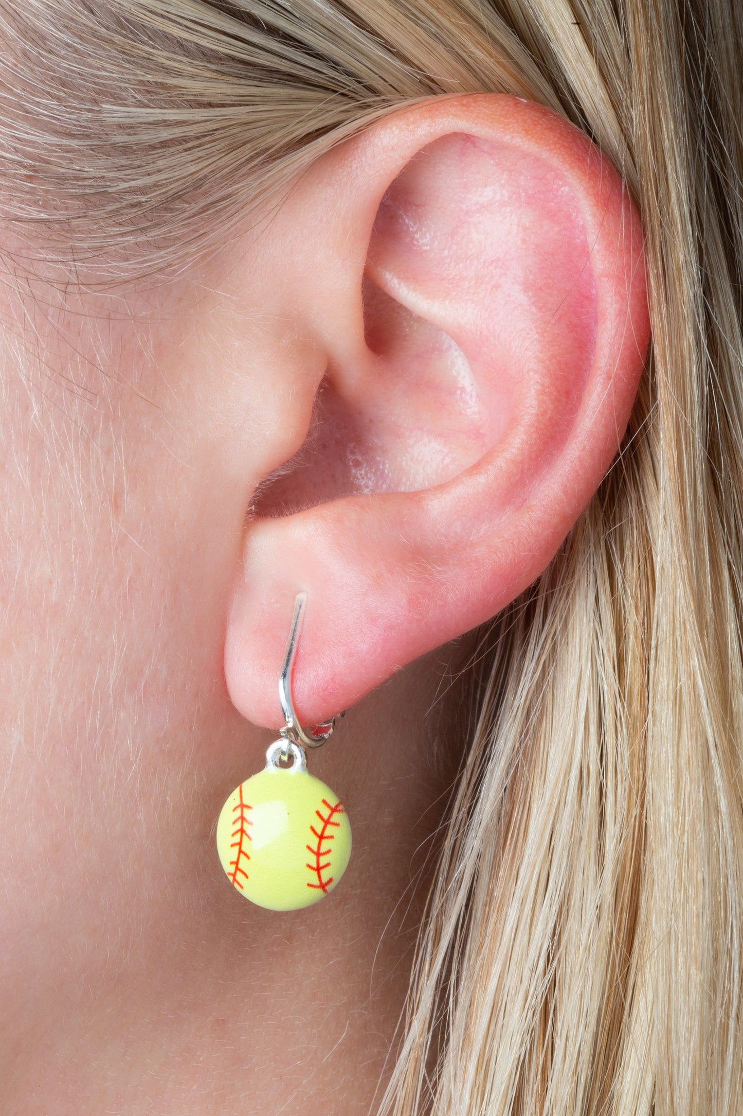 Softball Silver Clip On Dangling Earrings