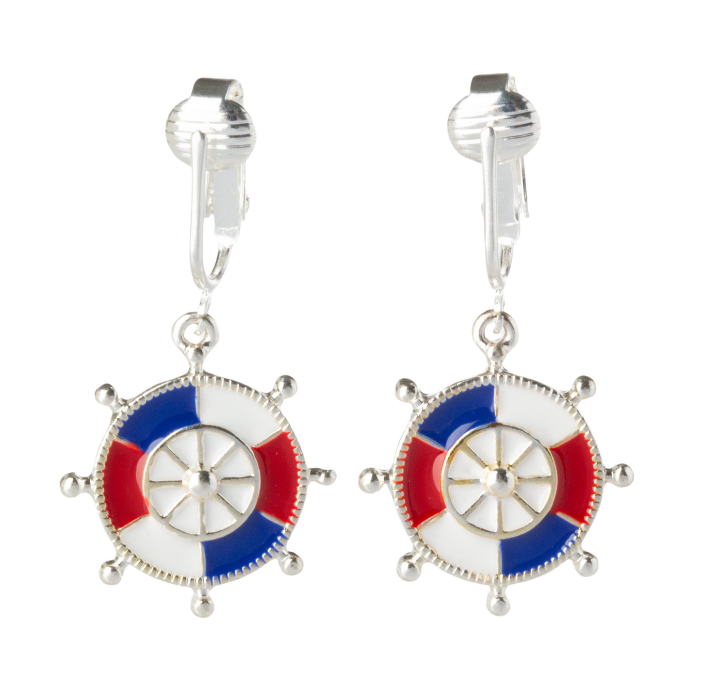 Ship Wheel Silver Clip On Dangling Earrings