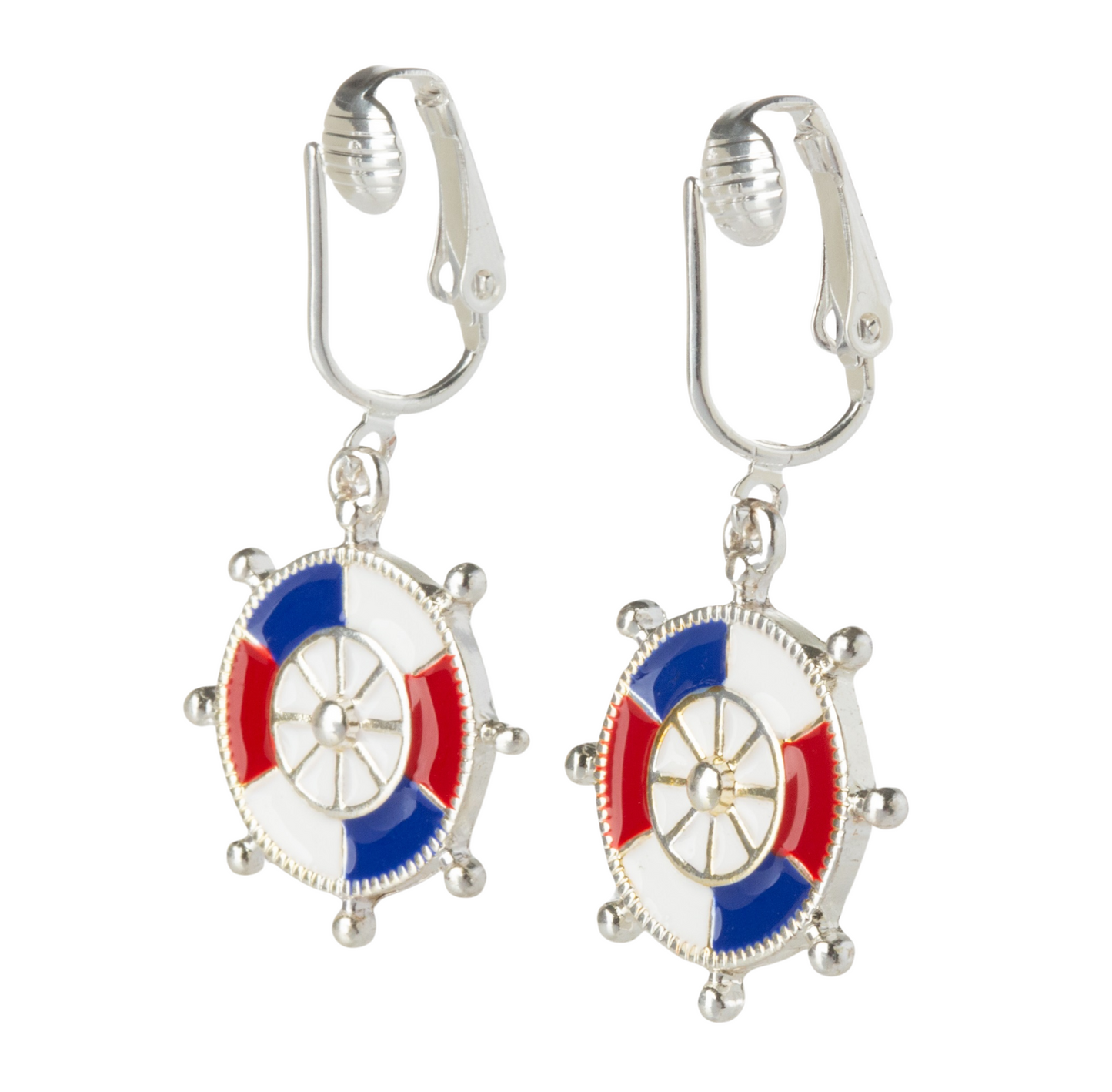 Ship Wheel Silver Clip On Dangling Earrings