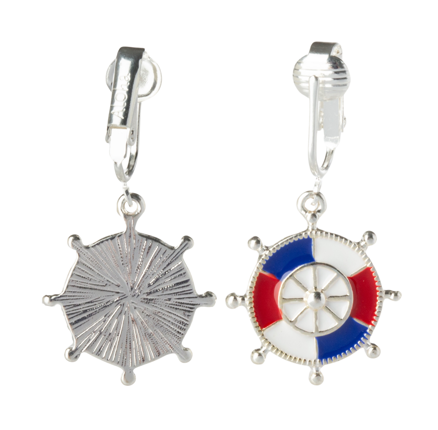 Ship Wheel Silver Clip On Dangling Earrings