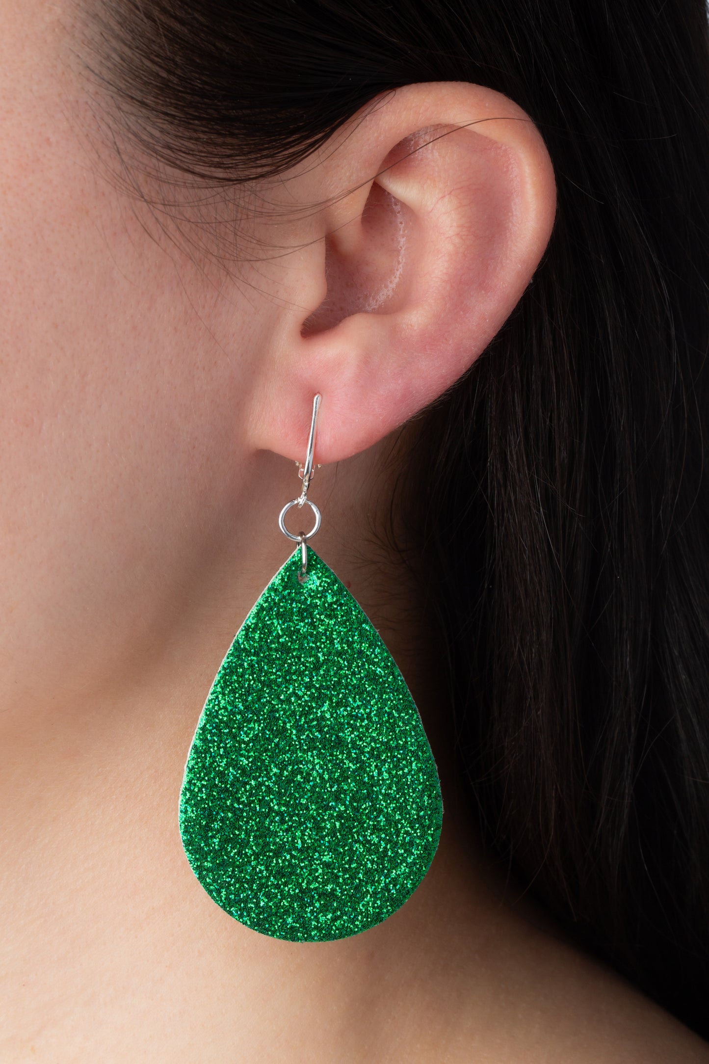 Green Sparkling Faux Leather Clip On Dangling Earrings