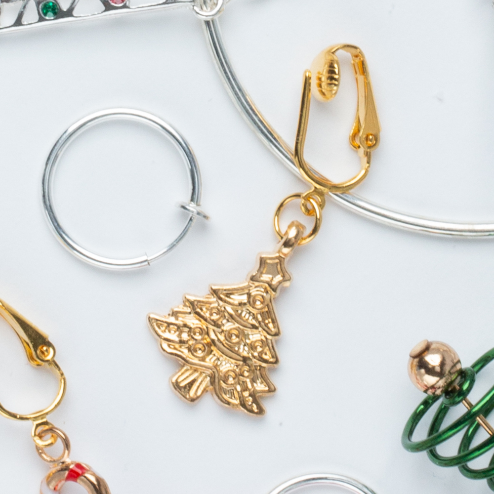 Gold Christmas Tree Clip On Dangling Earrings