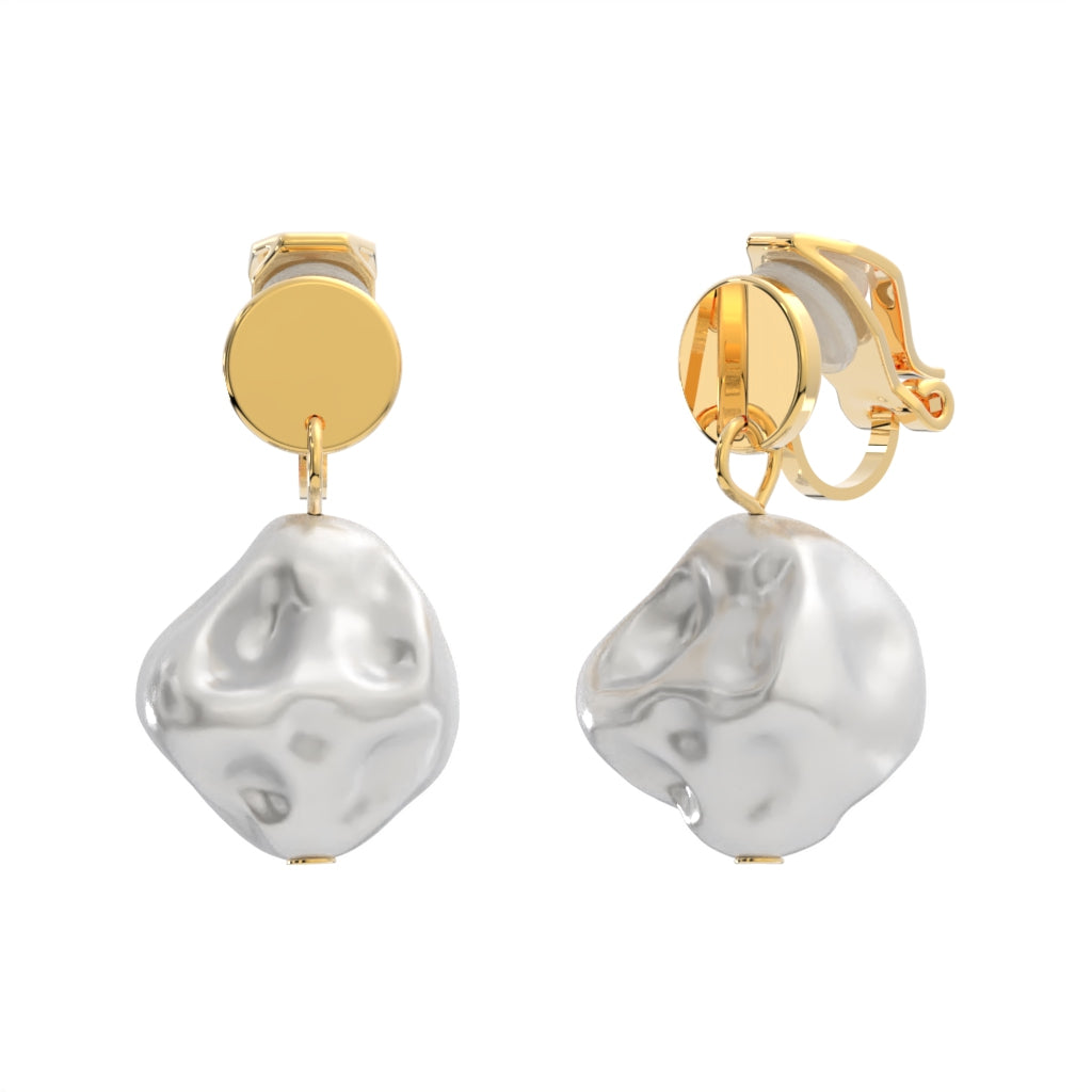 Gold Simulated Baroque Pearl Drops Clip On Dangling Earrings