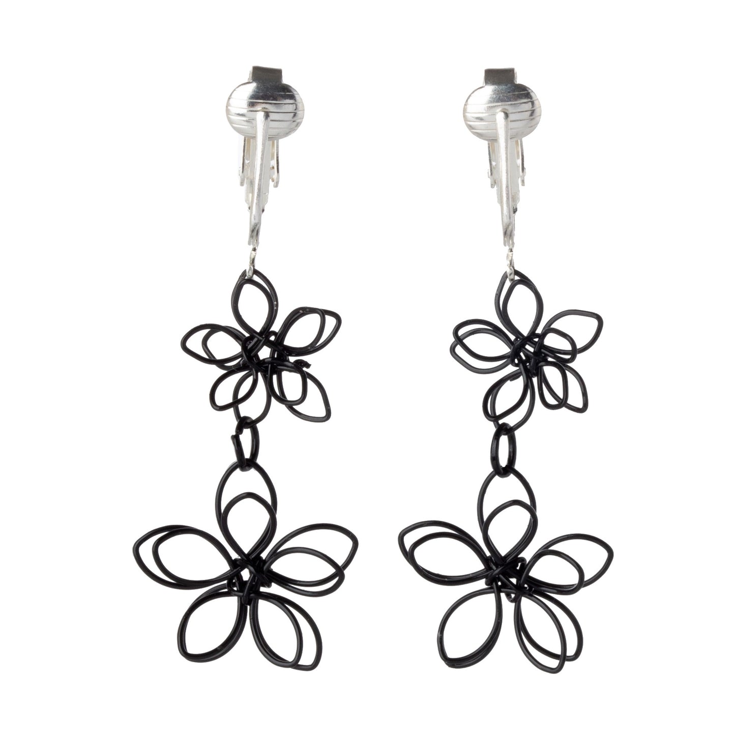 Black Wire Double Flower Silver Clip On Dangling Earrings