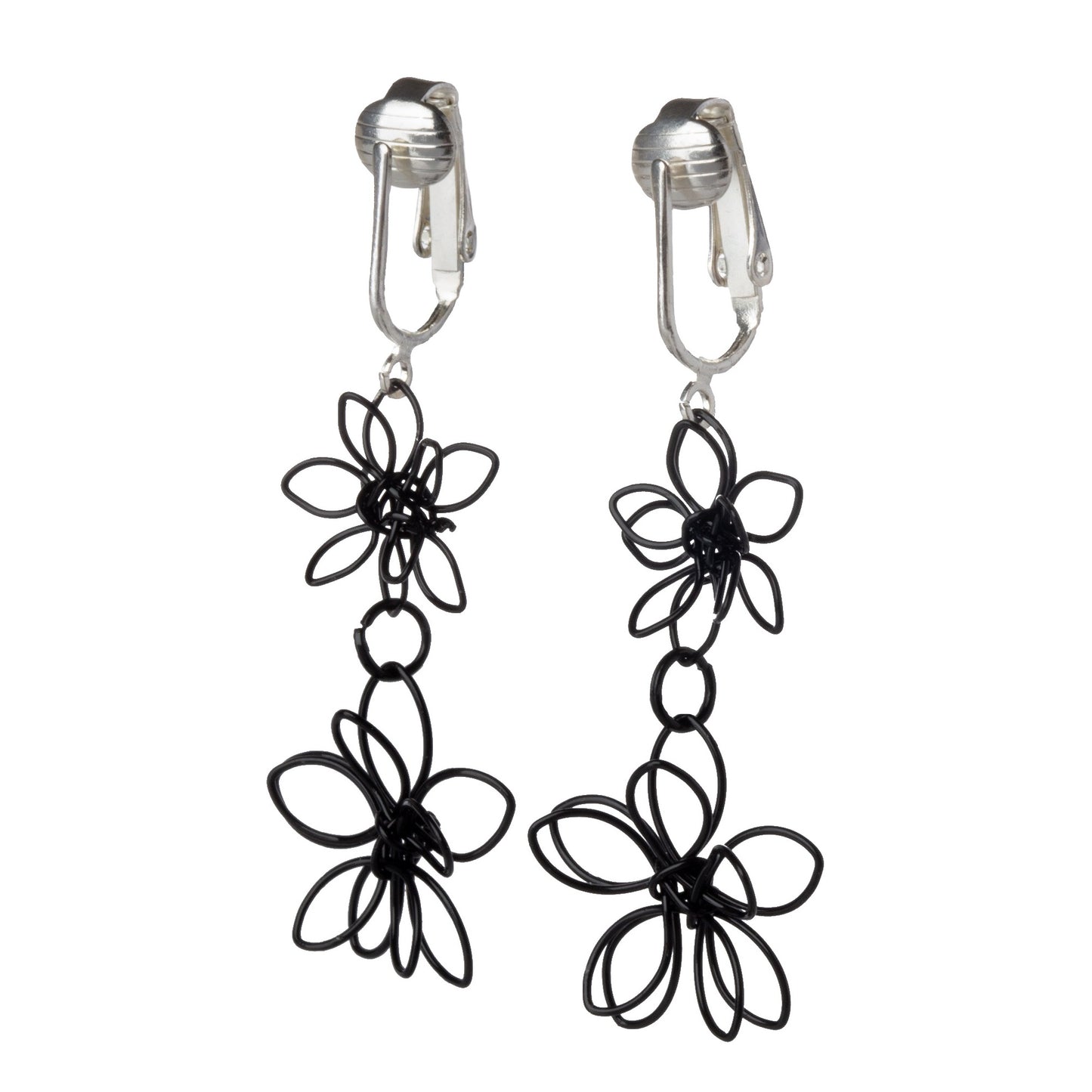 Black Wire Double Flower Silver Clip On Dangling Earrings