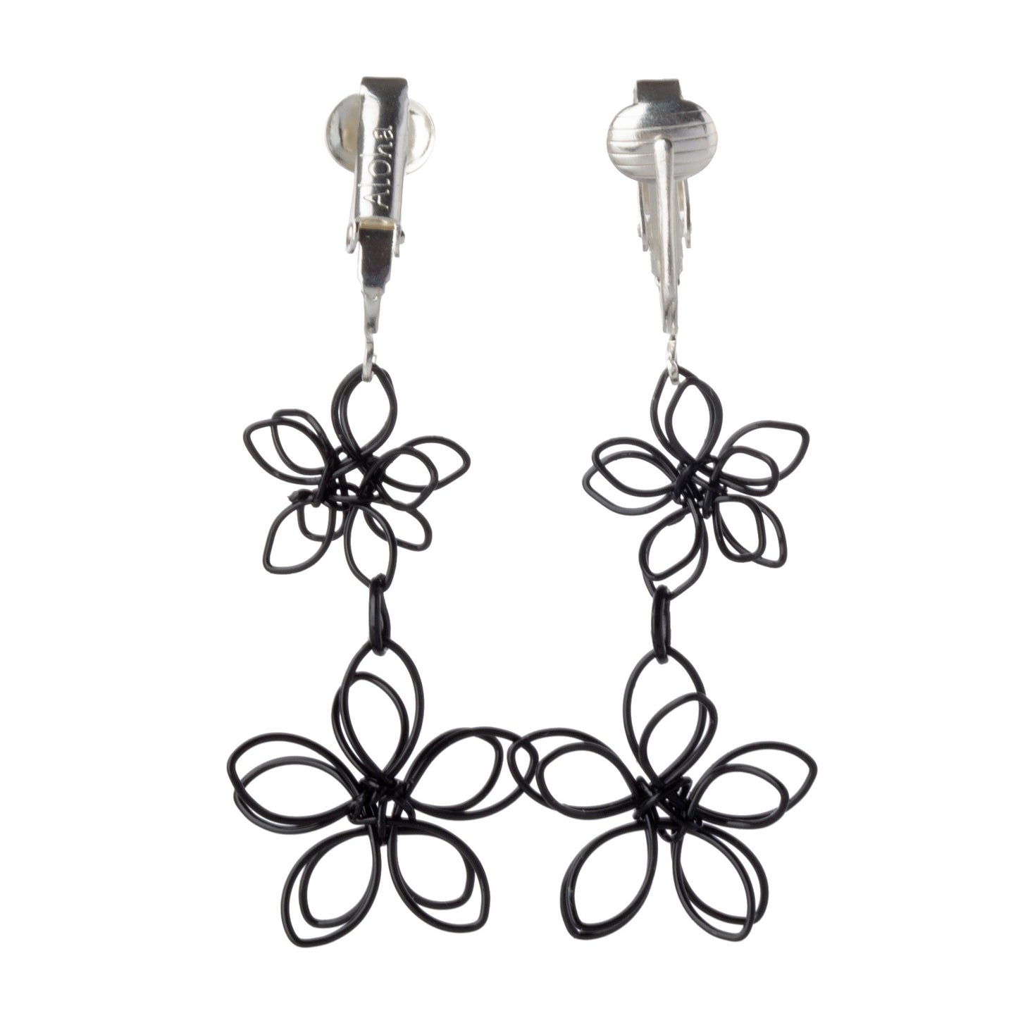 Black Wire Double Flower Silver Clip On Dangling Earrings