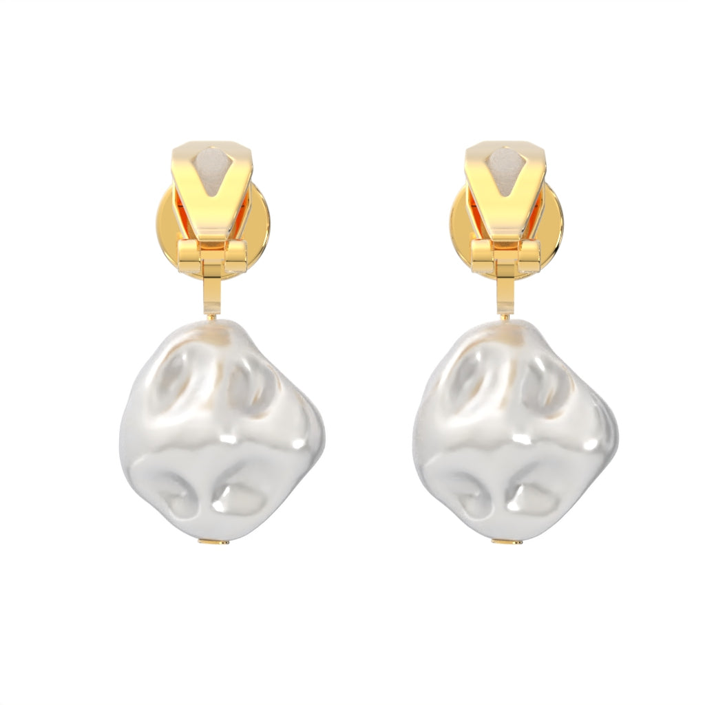 Gold Simulated Baroque Pearl Drops Clip On Dangling Earrings
