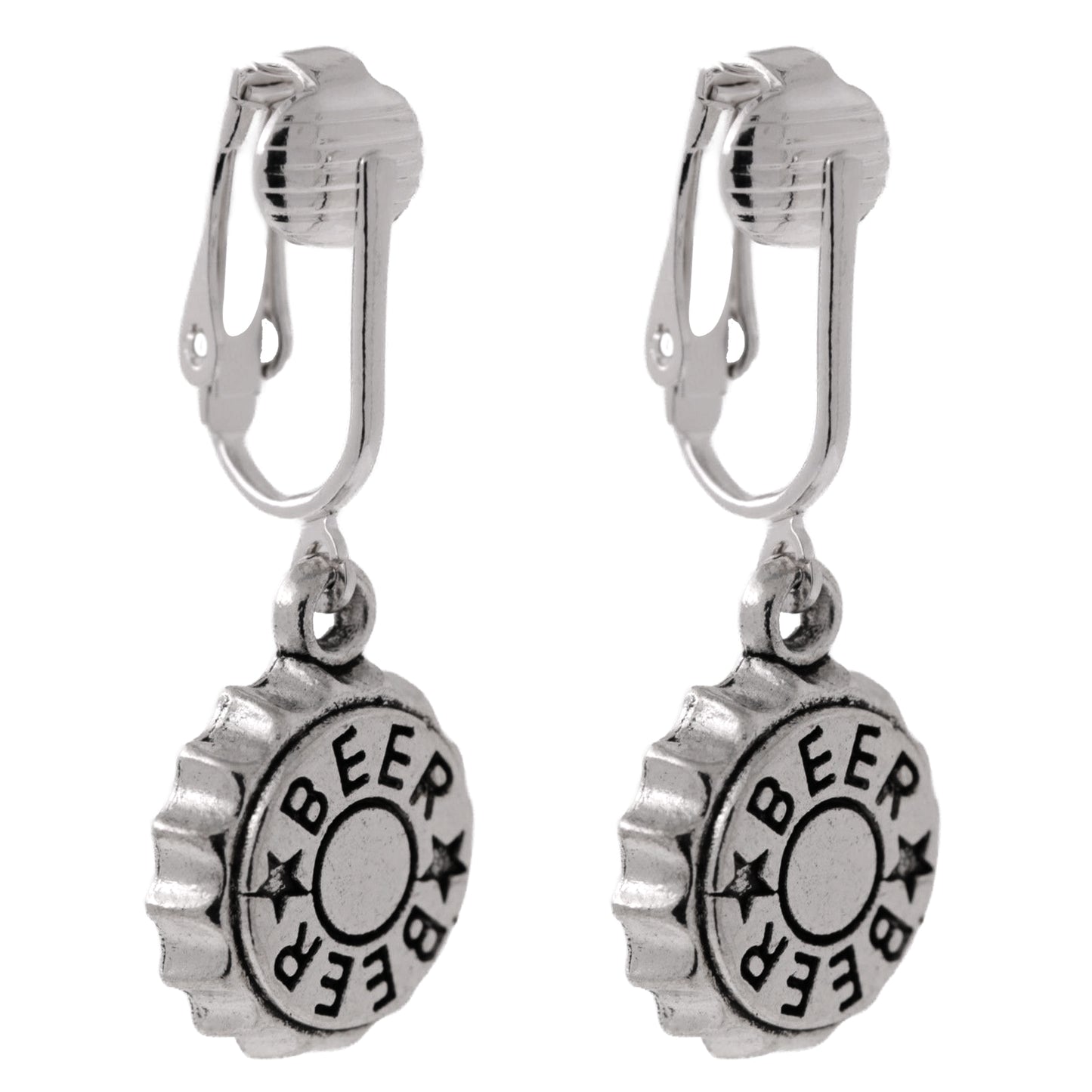 Silver Beer Caps Clip On Dangling Earrings