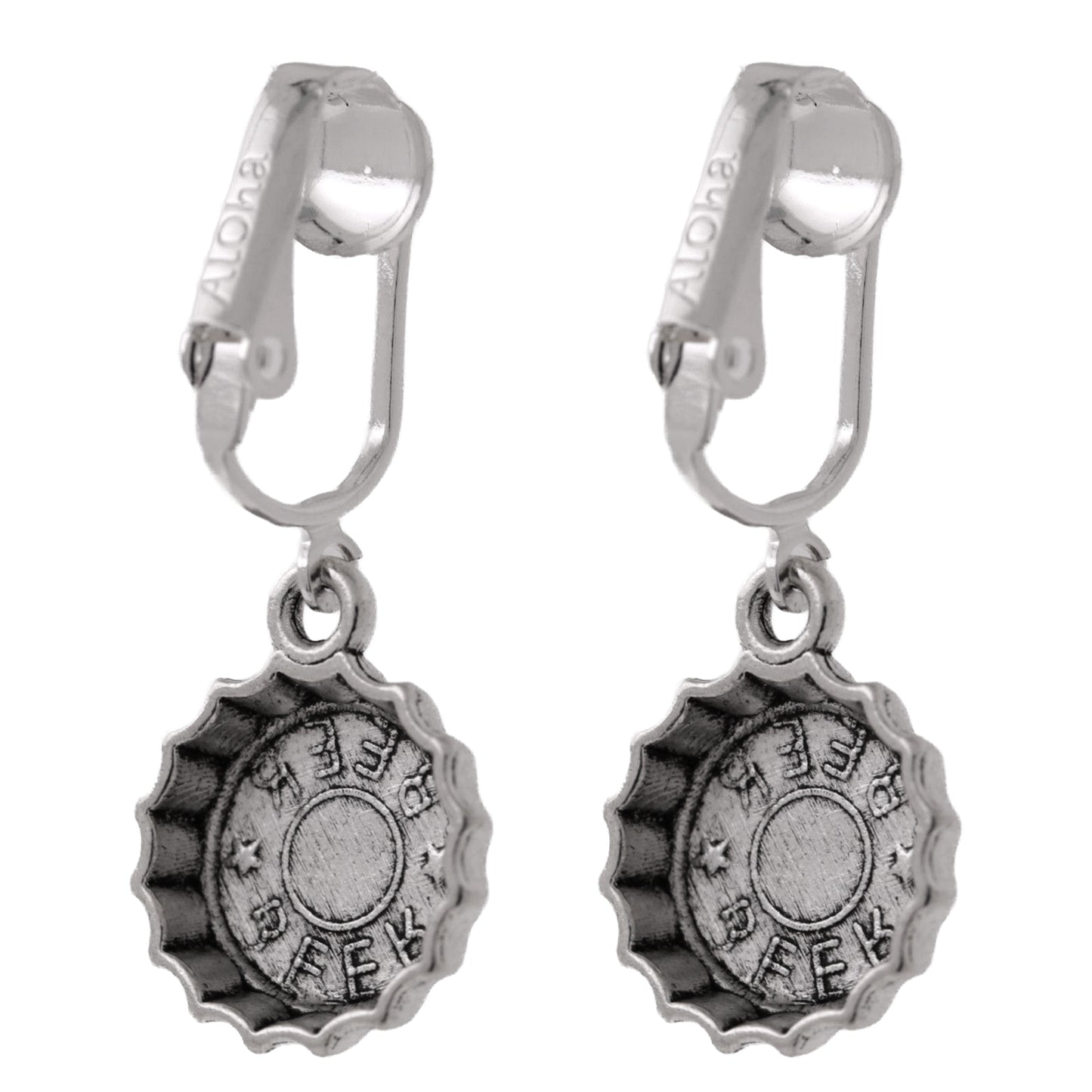 Silver Beer Caps Clip On Dangling Earrings