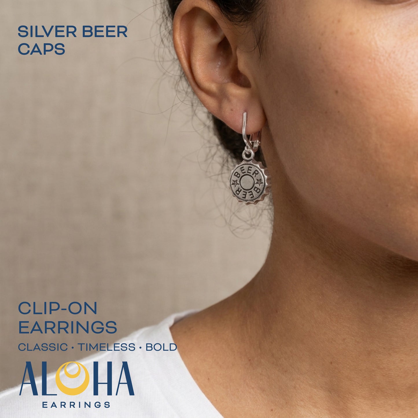 Silver Beer Caps Clip On Dangling Earrings