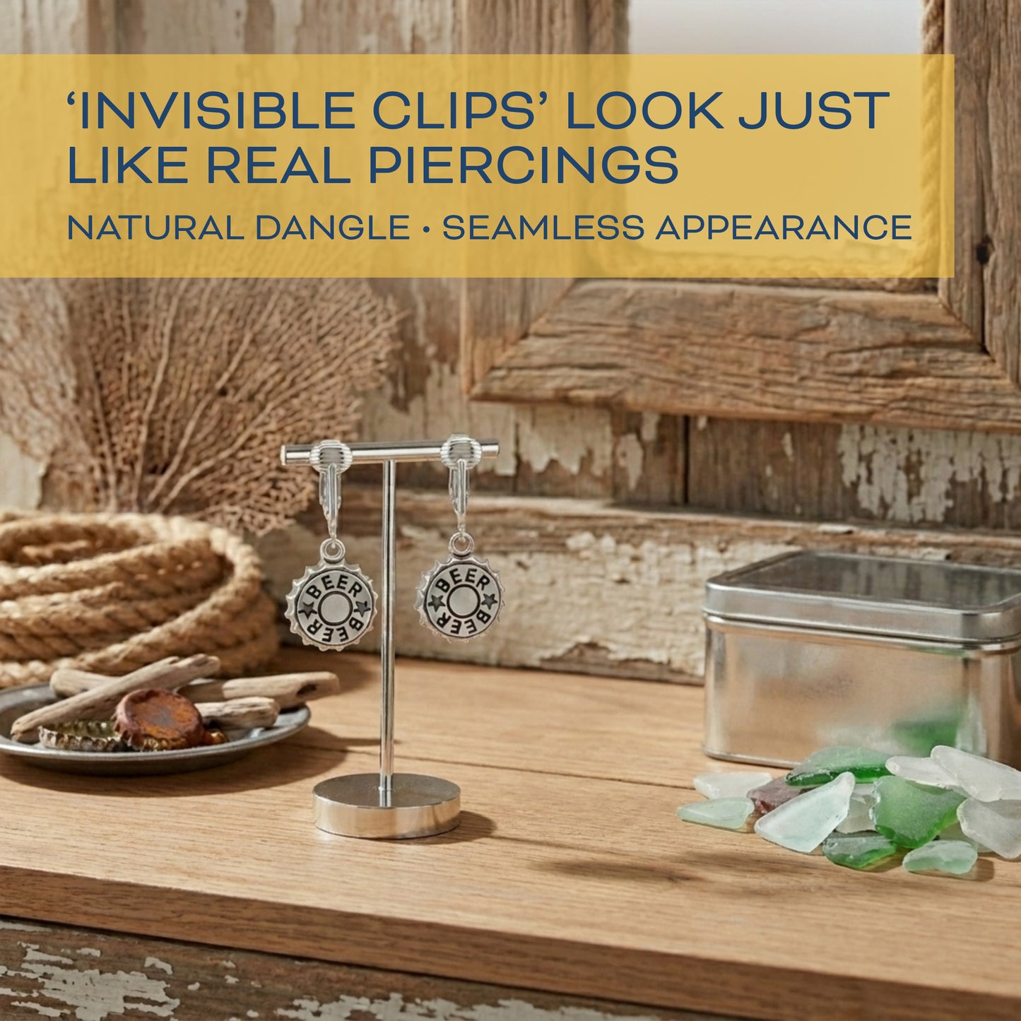 Silver Beer Caps Clip On Dangling Earrings
