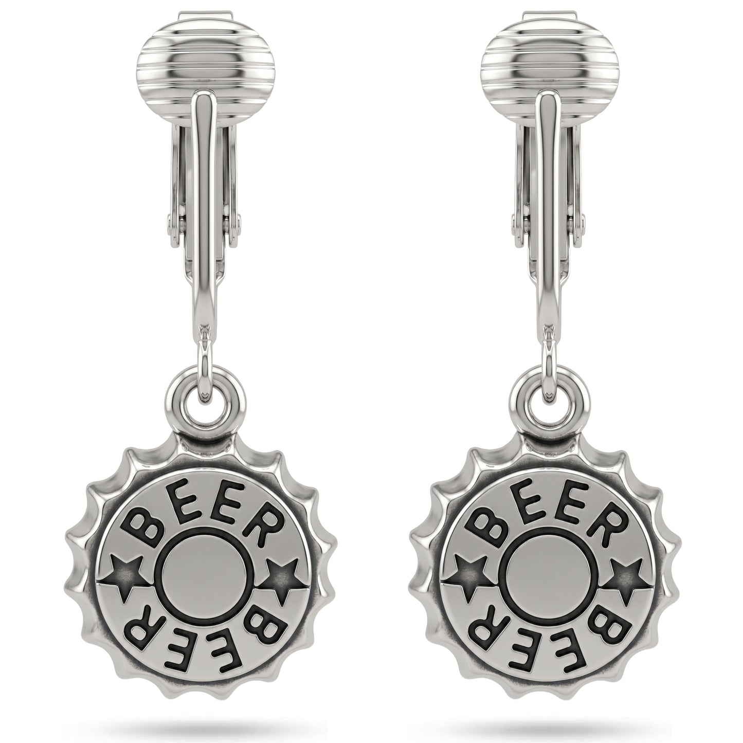 Silver Beer Caps Clip On Dangling Earrings