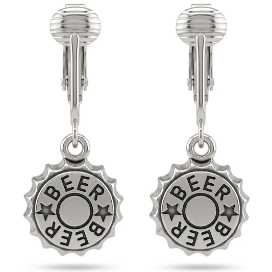 Silver Beer Caps Clip On Dangling Earrings